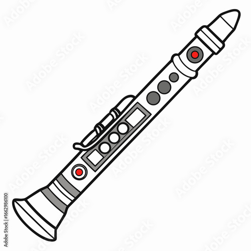 Stylized illustration of a white clarinet with black outlines and gray and red accents