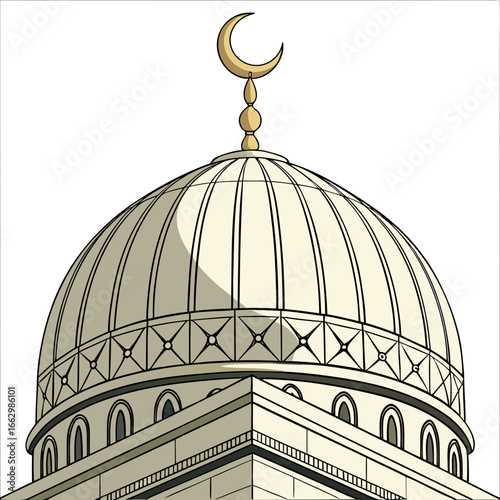 Stylized islamic mosque dome with crescent moon symbol on a white background
