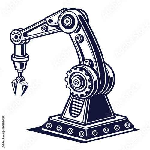 Stylized industrial robotic arm with a claw gripper and intricate gear mechanism in dark blue