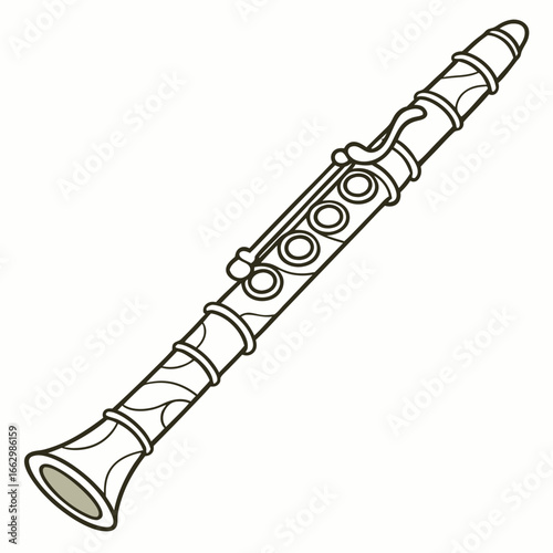 Stylized vector illustration of a musical clarinet with decorative wavy lines and rings
