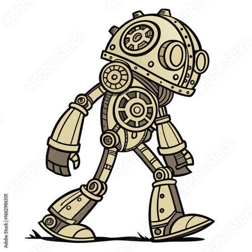 Whimsical steampunk robot with gears and rivets walking with a friendly appearance