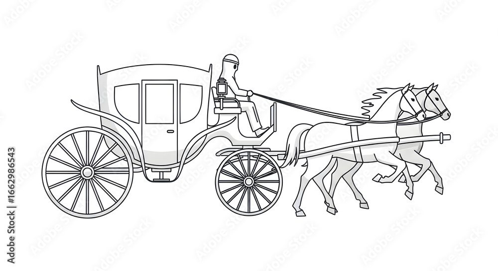 Fototapeta premium Elegant horse-drawn carriage, a classic mode of transport with a driver and two horses, rendered in a sophisticated line art style