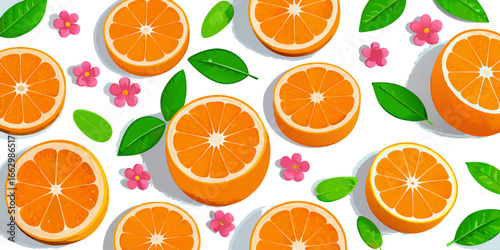 A flat lay arrangement of fresh orange slices and whole oranges on a clean white background. The orange slices are vibrant and juicy, arranged in a scattered, aesthetically pleasing pattern. Some of t