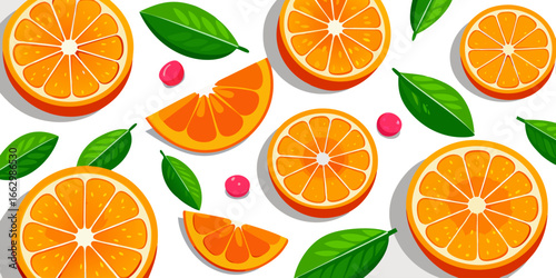A flat lay arrangement of fresh orange slices and whole oranges on a clean white background. The orange slices are vibrant and juicy, arranged in a scattered, aesthetically pleasing pattern. Some of t