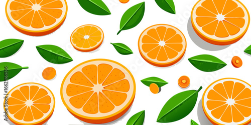 A flat lay arrangement of fresh orange slices and whole oranges on a clean white background. The orange slices are vibrant and juicy, arranged in a scattered, aesthetically pleasing pattern. Some of t
