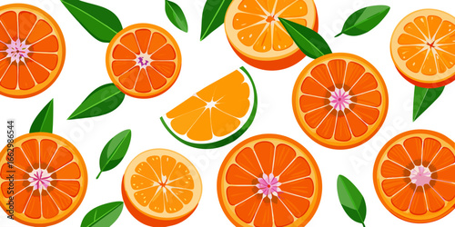 A flat lay arrangement of fresh orange slices and whole oranges on a clean white background. The orange slices are vibrant and juicy, arranged in a scattered, aesthetically pleasing pattern. Some of t