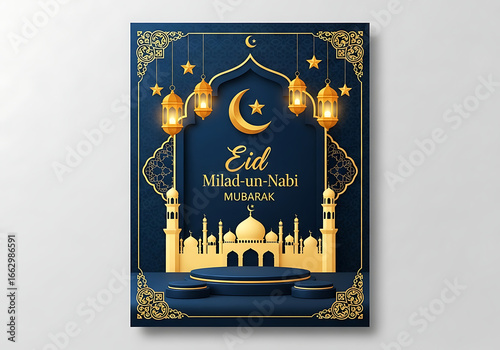 Eid miladunnabi mubarak poster with mosque and lanterns isolated on white background