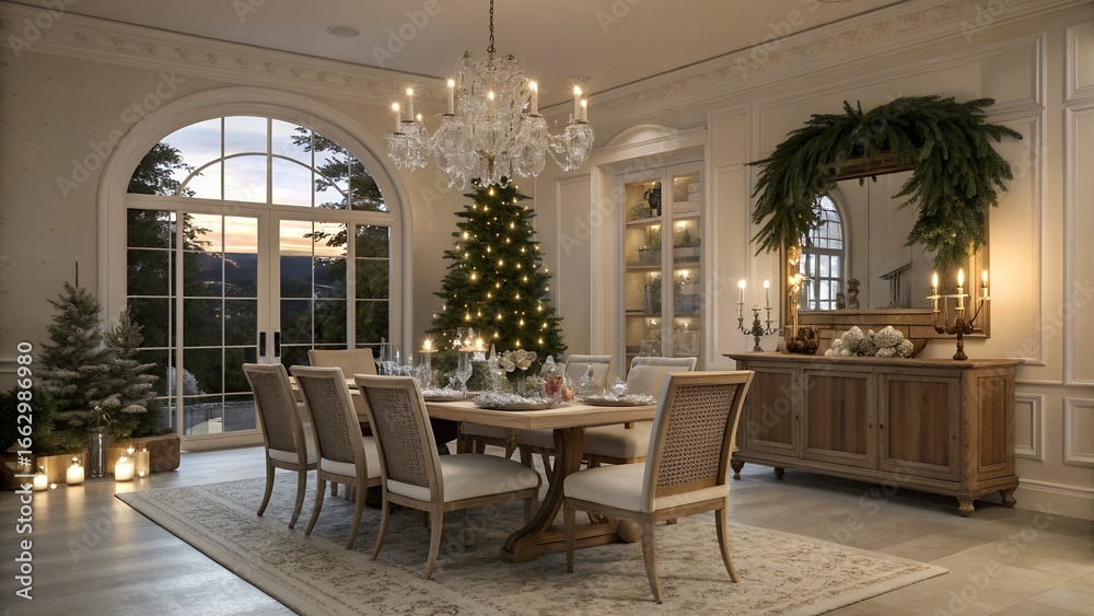 Fototapeta premium Realistic Classic European USA dining room, festive table setting and seasonal decor in natural wood, linen, and evergreen hues