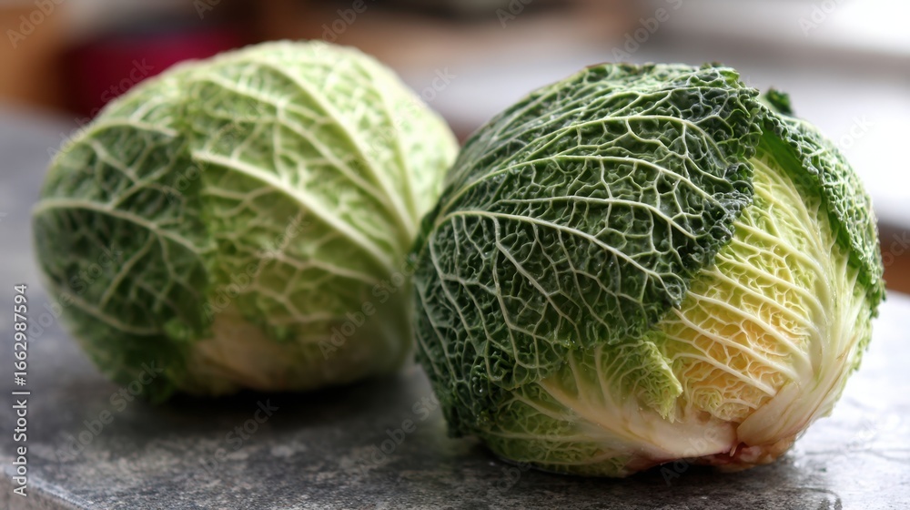 Fototapeta premium Fresh Green Cabbage Heads on a Kitchen Counter with Textured Leaves and Natural Lighting, Ideal for Food Photography, Culinary Arts, and Healthy Eating Concepts