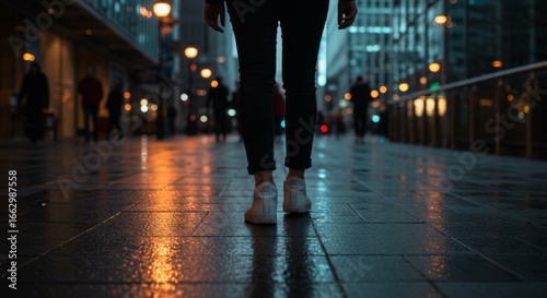 Woman Walking on Wet City Street at Night with Glowing Streetlights and Buildings