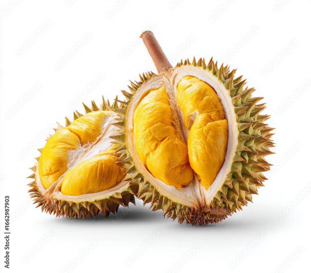 Fototapeta premium Fresh Durian Fruit Split Open with Yellow Flesh on White Background