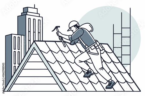 Roofer working without safety harness, modern flat illustration style