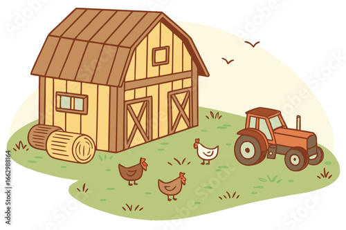 Rustic barn with chickens pecking in the yard and a red tractor nearby, modern flat illustration style.