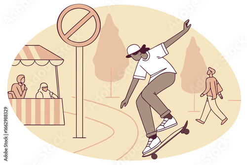 Skateboarder ignoring a “No Skating” sign in a busy plaza, modern flat illustration style