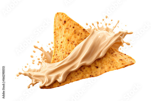 Crunchy tortilla chip meets a creamy queso dip in an explosive, dynamic splash