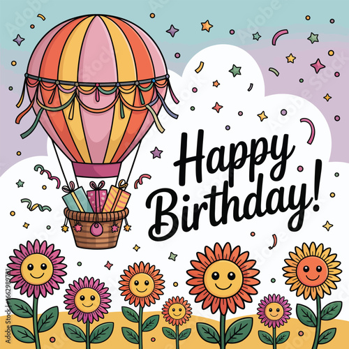 Happy Birthday hot air balloon with gifts and smiling flowers celebration party