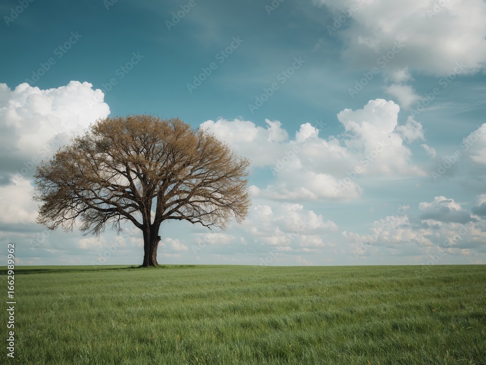 Fototapeta premium Solitary Arboreal Presence Under a Cloudy Sky in a Verdant Field Landscape.