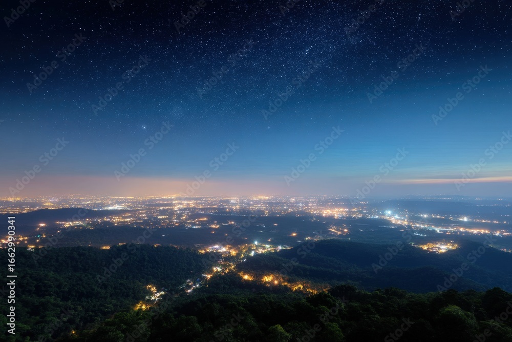 Fototapeta premium Contrast between starlit rural area and bright cityscape showing light pollution boundary 