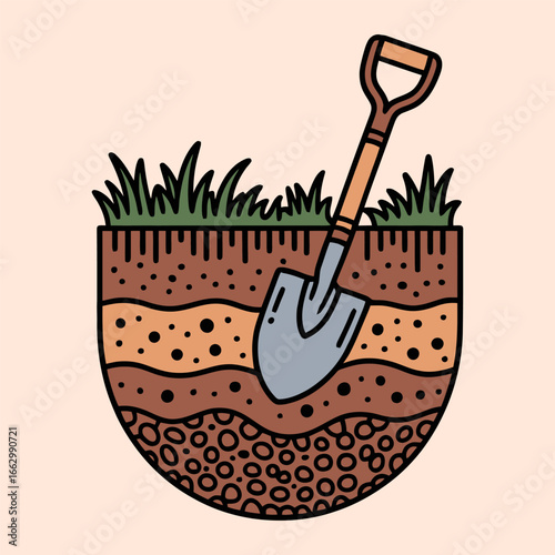 Soil Layers With Shovel And Grass Illustration