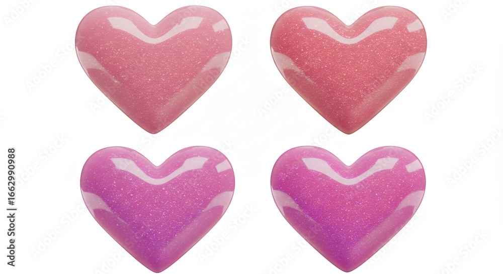 Obraz premium Four pink heart shaped objects on white background
