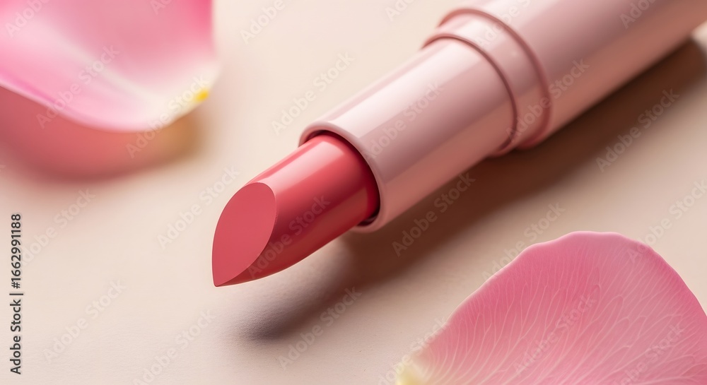 Obraz premium Pink lipstick with rose petals beauty cosmetic