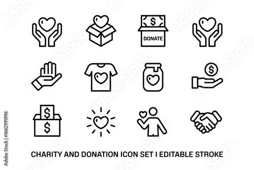 Charity and Donation Icon Set with Heart Box Handshake and Giving Concepts for Website Design and Graphic Resources