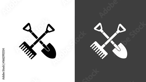 Shovel and rake crossed black and white minimalist illustration gardening tools for agriculture and horticulture farm equipment isolated