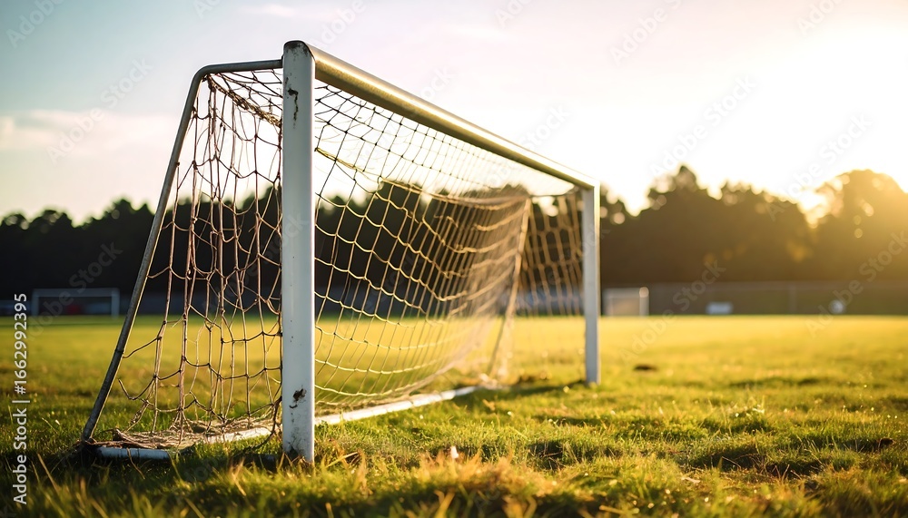 Fototapeta premium Soccer Goal at Sunset, Field, Grass