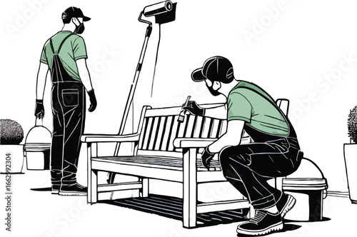 Two Workers Painting a Wooden Park Bench Outdoors wooden bench