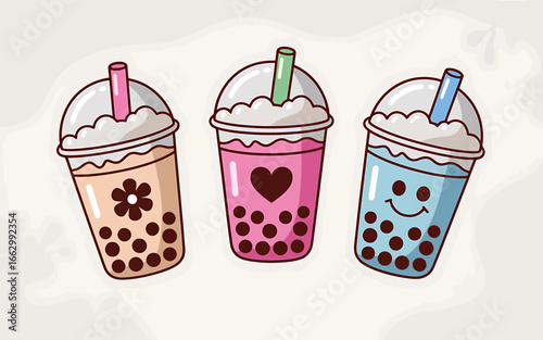 Colorful Bubble Tea Drinks Cartoon Illustration with Kawaii Faces and Whimsical Design Elements Perfect for Food and Beverage Themed Projects