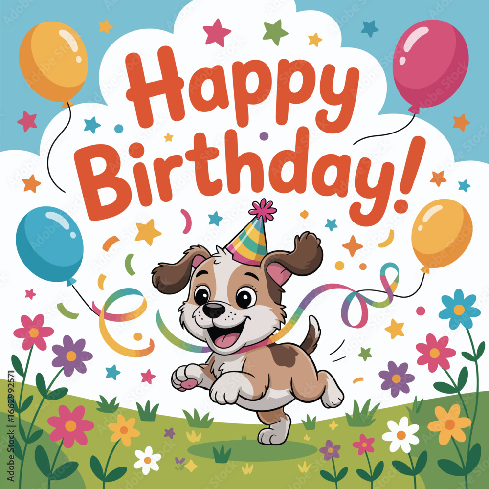 Obraz premium Happy puppy in party hat running with confetti and balloons on a grassy field birthday