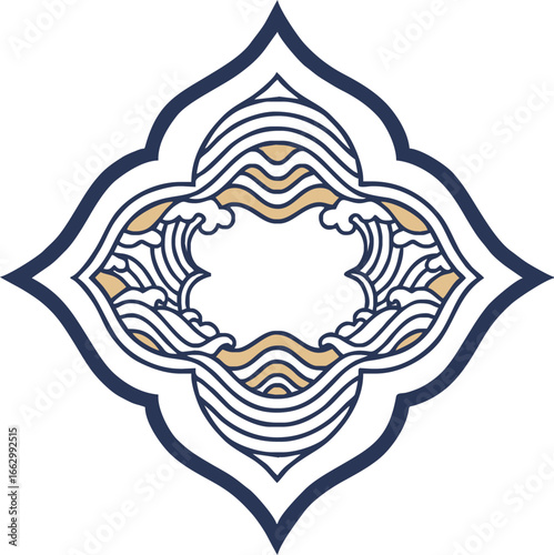 Elegant stylized wave design within a quatrefoil frame, featuring a calming ocean motif.
