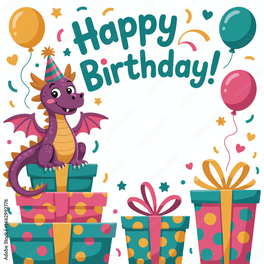 Naklejka premium Playful purple dragon sits on birthday gifts surrounded by balloons presents
