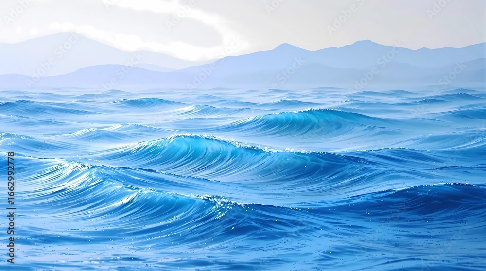 Fototapeta premium Serene ocean waves roll towards distant misty mountains evoking tranquility with cool blue tones and