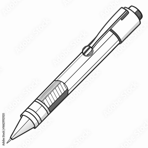 A detailed illustration of a modern mechanical pencil with a sleek design and a clip for easy portability