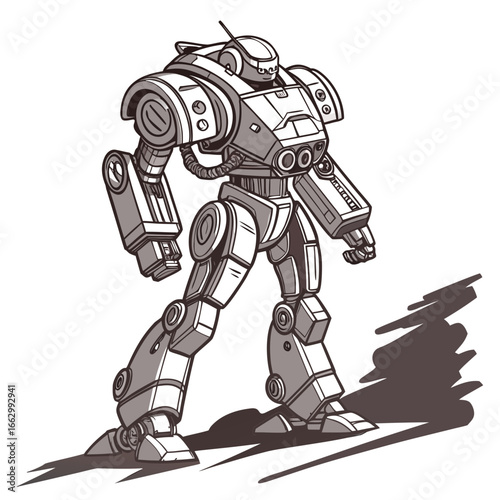 A detailed illustration of a powerful futuristic bipedal robot standing with a determined stance and casting a shadow