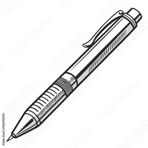 A detailed stylized black and white illustration of a modern ballpoint pen with a silver clip and textured grip