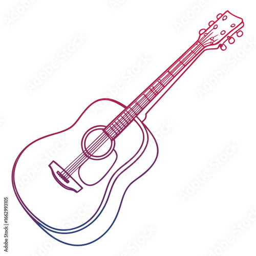 Acoustic guitar outline drawing with a gradient color transition from red to blue on a white background