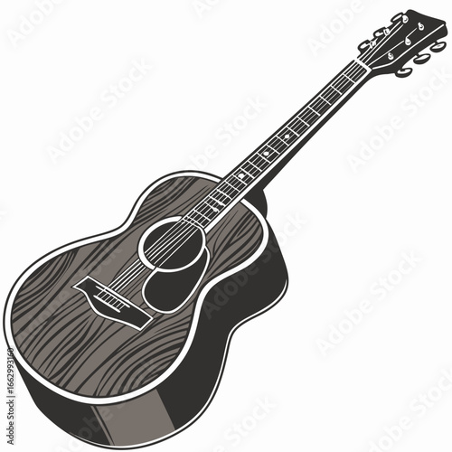 Acoustic guitar with a dark wood grain pattern and white binding isolated on a white background