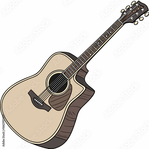 Acoustic guitar with a light wood finish and dark brown detailing on a white background