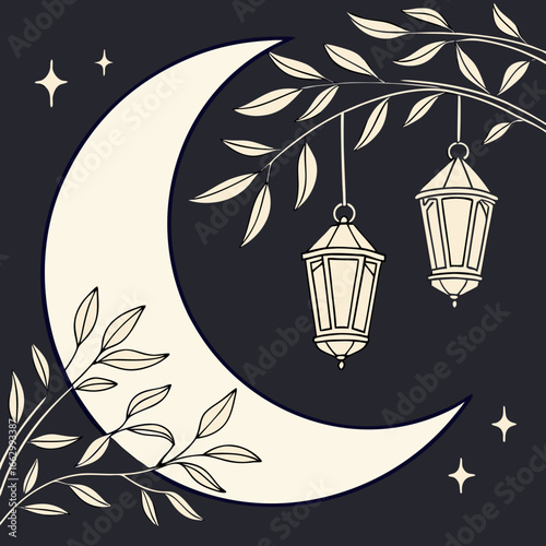 Crescent moon with hanging lanterns and delicate branches with leaves against a dark starry night sky