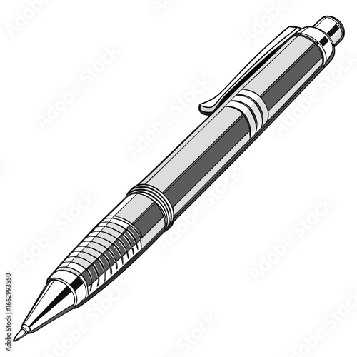 Detailed illustration of a modern silver ballpoint pen with a clip and textured grip on a white background