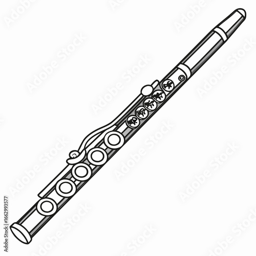 Detailed black and white illustration of a classical silver flute with keys and tone holes on a white background
