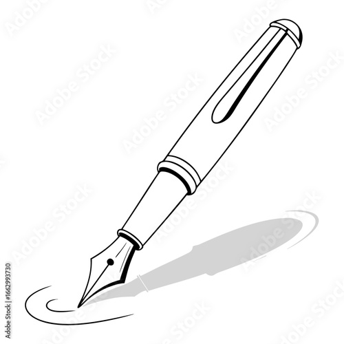 Elegant fountain pen with a nib making a circular stroke and casting a shadow on a white background