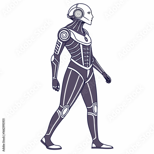 Futuristic humanoid robot with sleek metallic design and glowing accents walking forward on a white background