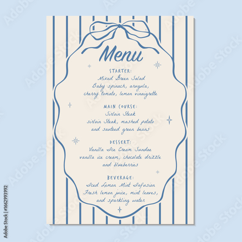 Set menu with ribbon frame and stripe background. Vector illustration restaurant or cafe set menu with starter food, main course, dessert and beverage.