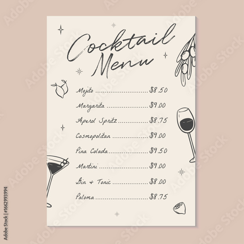 Cocktail menu with price list and hand drawn drinks. Vector illustration cocktail menu for restaurant, bar or party.