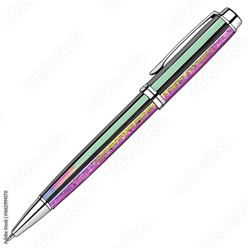 Stylish modern ballpoint pen with a sleek metallic design and a colorful patterned barrel on a white background