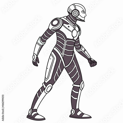Stylized illustration of a futuristic humanoid robot in a sleek segmented suit with a white and dark gray color scheme