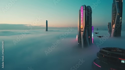 Skyline Dreamscape Futuristic Towers Emerging from a Sea of Clouds